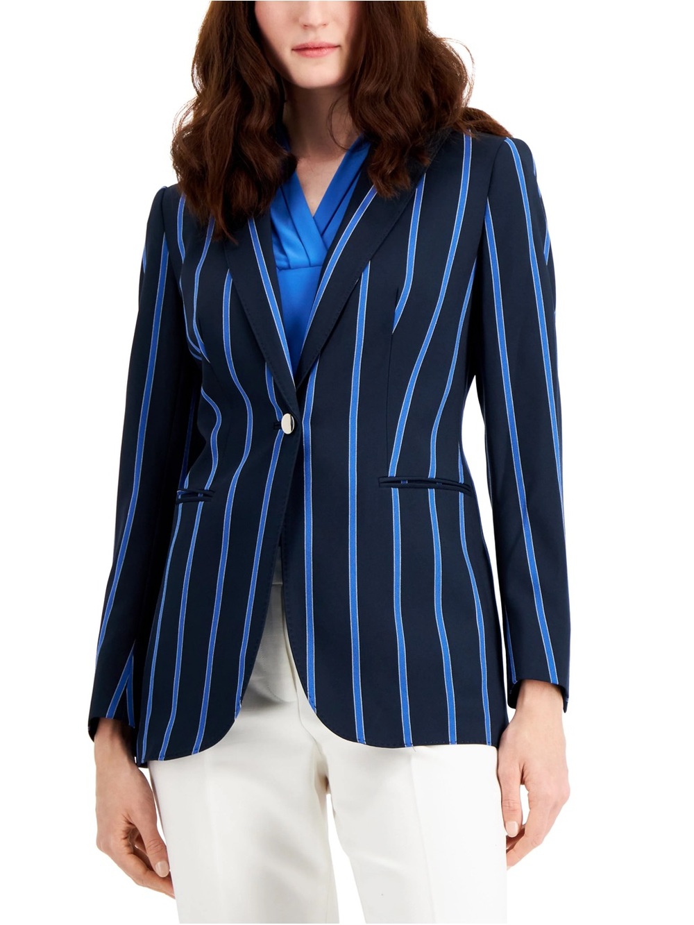Anne Klein Navy Blazer with Light Blue Pinstripes